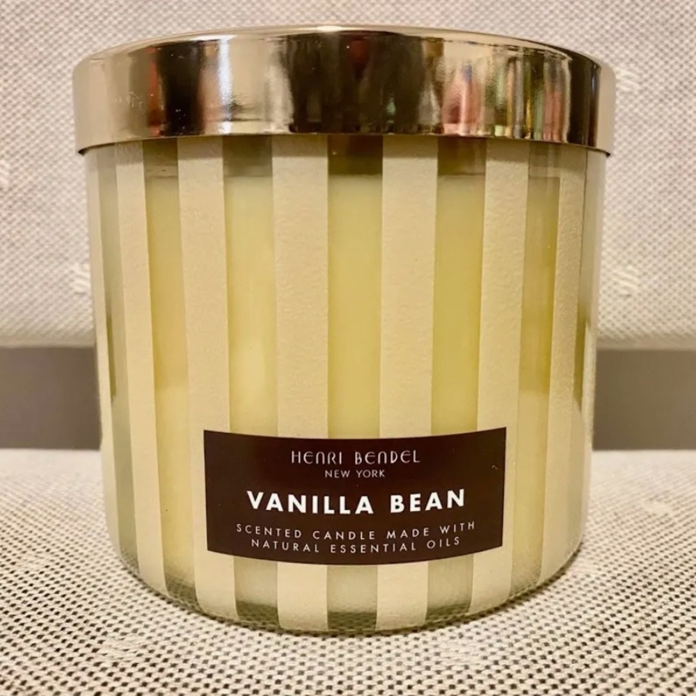 henri bendel Vanilla Bean Scented Candle - Cream Striped Jar with Gold Lid